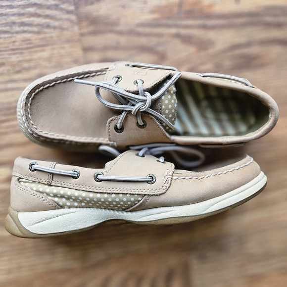 Sperry Other - Sperry Topsider Tan White Polka Dot Boat Shoes Size 6.5